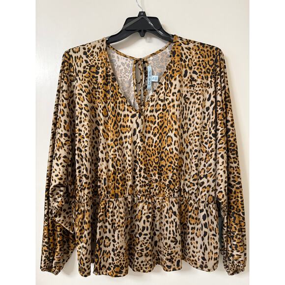 NWT Blue Sol 3X Blouse Animal Print Long Batwing Sleeve Gathered Waist Scoop Hem - Picture 1 of 4